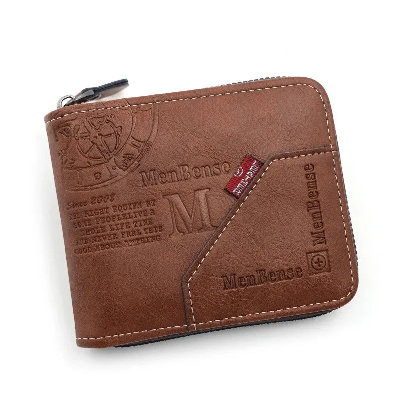 New Men Zipper Wallets Short Card Holder Vintage Male Wallet High Quality PU Leather Classic Coin Pocket Wallet For Boys Blue Wolf Store Brown