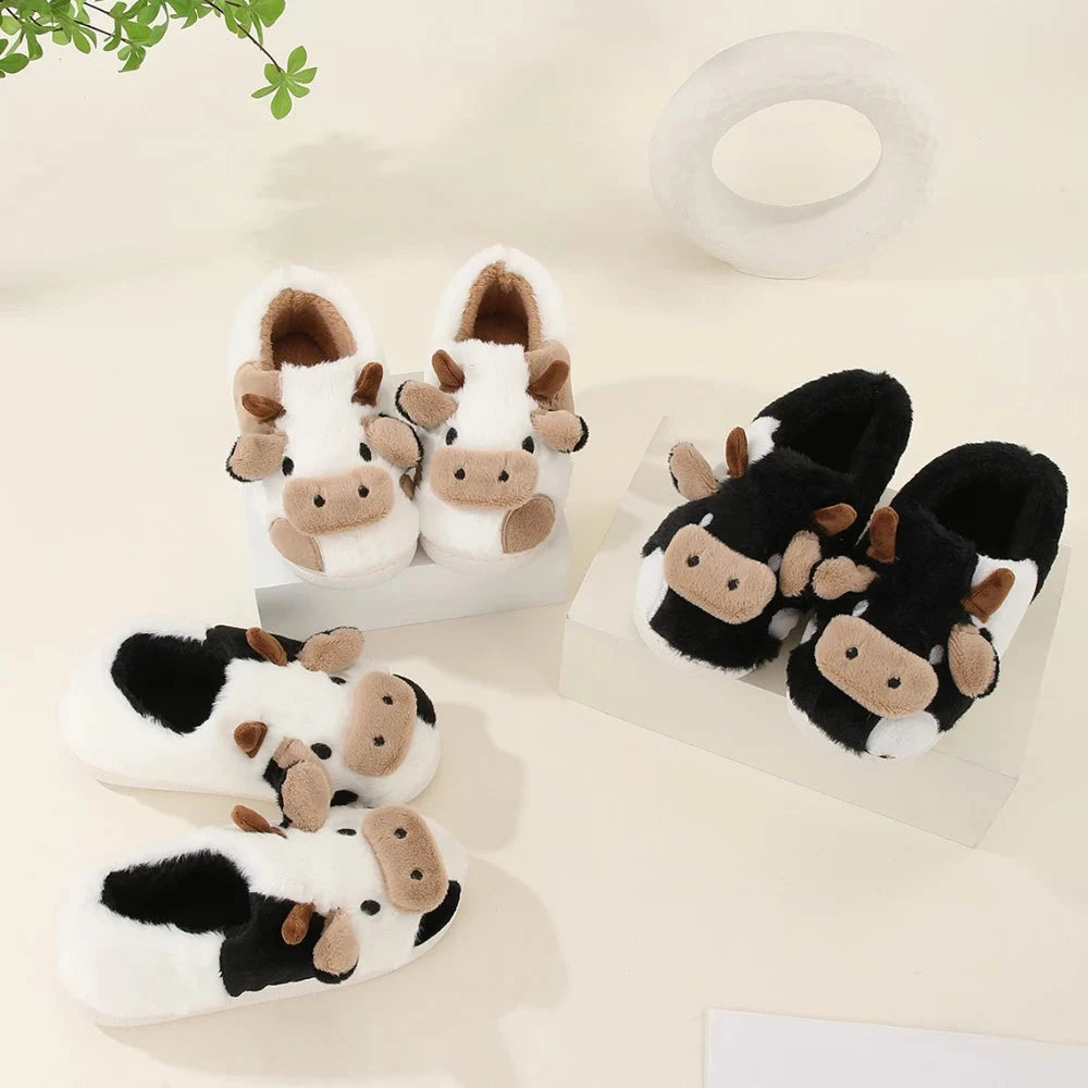 New Winter Unisex Cartoon Cow Warm Plush Slippers Couple's Indoor Non-slip House Slides Men And Women Toe Wrap Home Cotton Shoes Blue Wolf Store