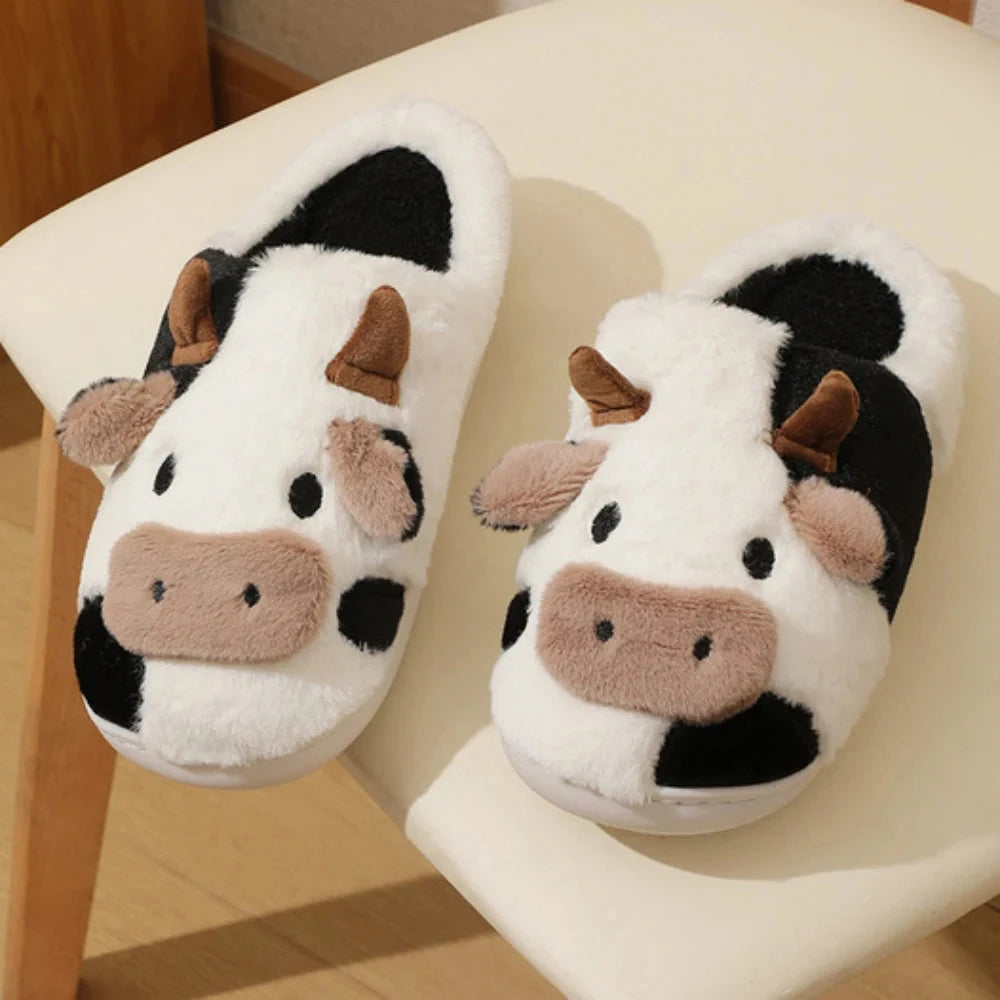 New Winter Unisex Cartoon Cow Warm Plush Slippers Couple's Indoor Non-slip House Slides Men And Women Toe Wrap Home Cotton Shoes Blue Wolf Store