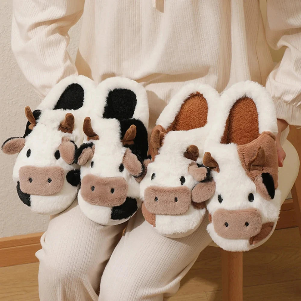 New Winter Unisex Cartoon Cow Warm Plush Slippers Couple's Indoor Non-slip House Slides Men And Women Toe Wrap Home Cotton Shoes Blue Wolf Store