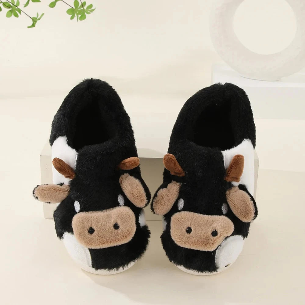New Winter Unisex Cartoon Cow Warm Plush Slippers Couple's Indoor Non-slip House Slides Men And Women Toe Wrap Home Cotton Shoes Blue Wolf Store