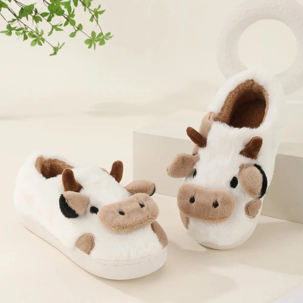 New Winter Unisex Cartoon Cow Warm Plush Slippers Couple's Indoor Non-slip House Slides Men And Women Toe Wrap Home Cotton Shoes Blue Wolf Store