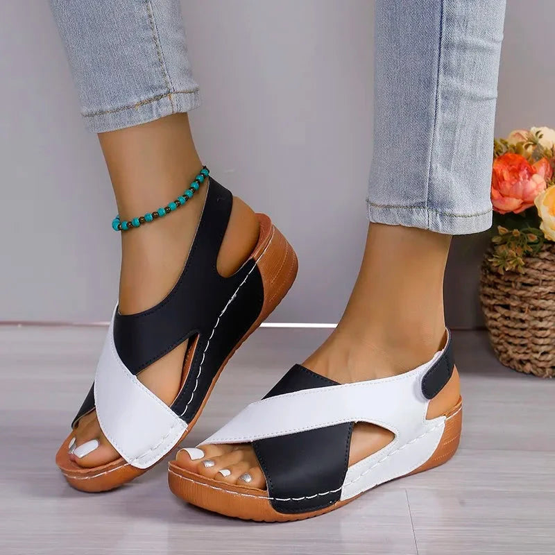 New Women's Contrast Color Wedge Sandals Summer Peep Toe Non Slip Beach Shoes Woman Comfortable Platform Roman Sandalias Mujer Blue Wolf Store
