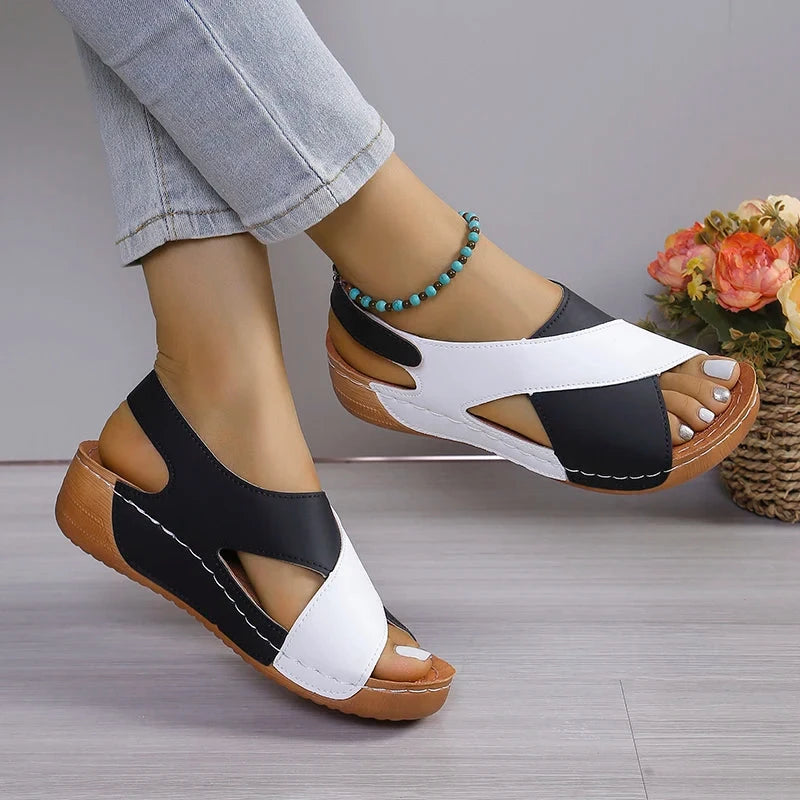 New Women's Contrast Color Wedge Sandals Summer Peep Toe Non Slip Beach Shoes Woman Comfortable Platform Roman Sandalias Mujer Blue Wolf Store White and Black 36
