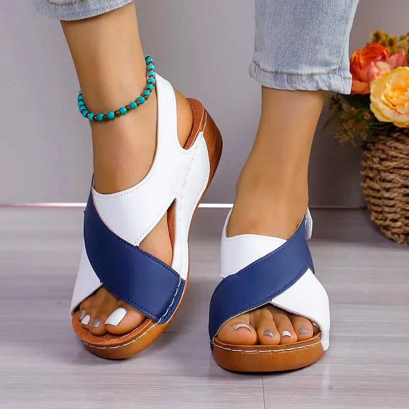 New Women's Contrast Color Wedge Sandals Summer Peep Toe Non Slip Beach Shoes Woman Comfortable Platform Roman Sandalias Mujer Blue Wolf Store White and Blue 36