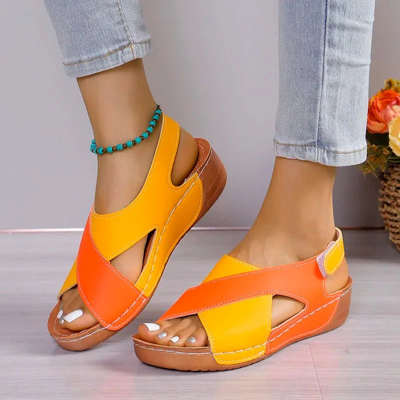 New Women's Contrast Color Wedge Sandals Summer Peep Toe Non Slip Beach Shoes Woman Comfortable Platform Roman Sandalias Mujer Blue Wolf Store Yellow and Orange 36