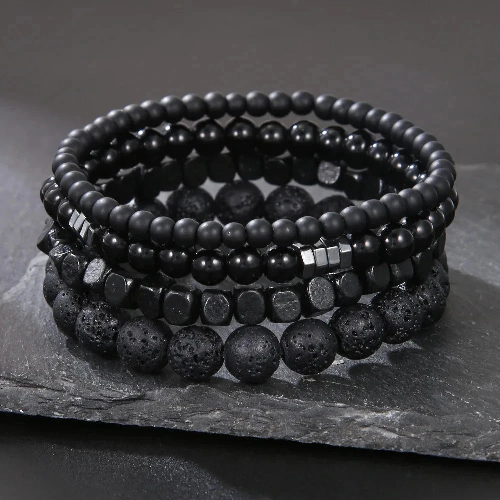 Obsidian Noir – 4-Piece Men’s Lava Stone Bracelet Set Obsidian Noir – 4-Piece Men’s Lava Stone Bracelet Set Blue Wolf Store