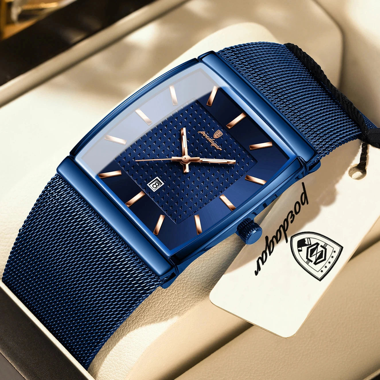 POEDAGAR Top Luxury Men Watch Stainless Steel Mesh Date Waterproof Luminous Man Wristwatch Casual Rectangle Quartz Men's Watches Blue Wolf Store 885 Blue Blue