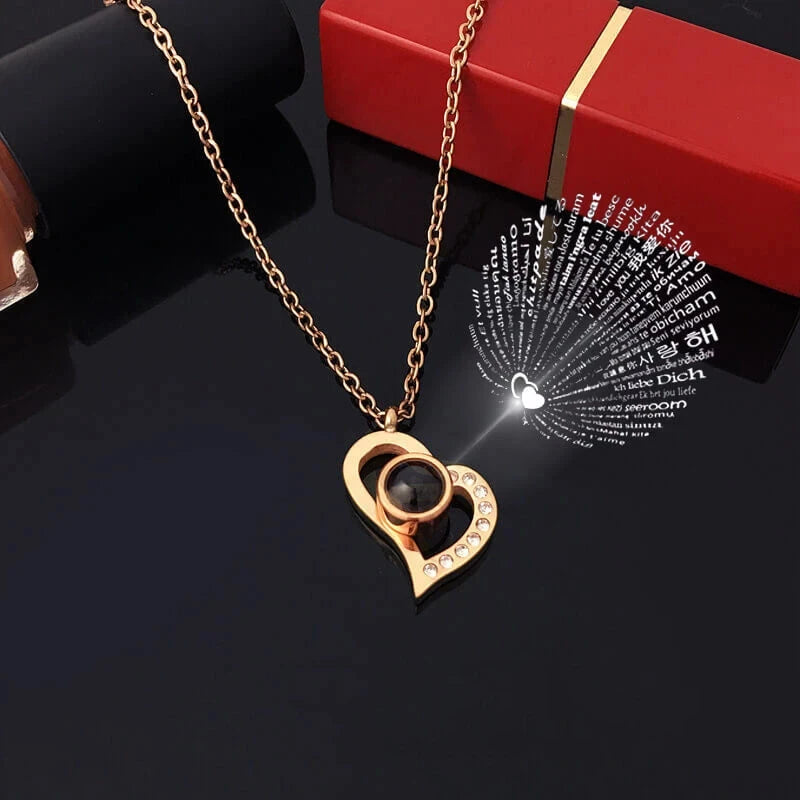 Projection Necklace Set With Rose Gift Box 100 Languages I Love You Heart Pendant Jewelry 2024 Accessories Christmas Halloween Blue Wolf Store