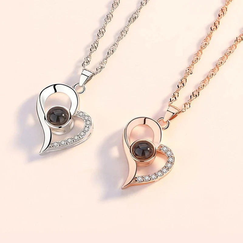 Projection Necklace Set With Rose Gift Box 100 Languages I Love You Heart Pendant Jewelry 2024 Accessories Christmas Halloween Blue Wolf Store