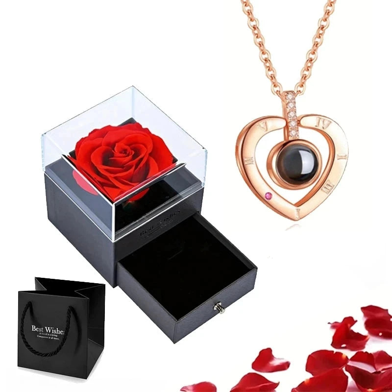 Projection Necklace Set With Rose Gift Box 100 Languages I Love You Heart Pendant Jewelry 2024 Accessories Christmas Halloween Blue Wolf Store gold-01 45cm