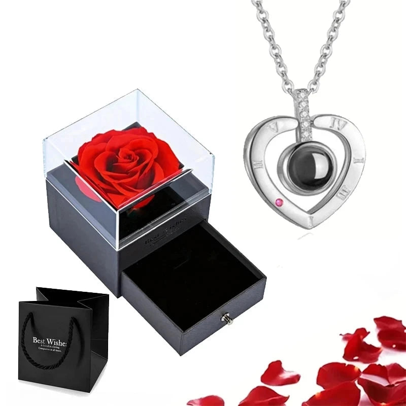Projection Necklace Set With Rose Gift Box 100 Languages I Love You Heart Pendant Jewelry 2024 Accessories Christmas Halloween Blue Wolf Store Silver-01 45cm