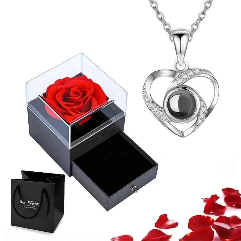 Projection Necklace Set With Rose Gift Box 100 Languages I Love You Heart Pendant Jewelry 2024 Accessories Christmas Halloween Blue Wolf Store Silver-03 45cm