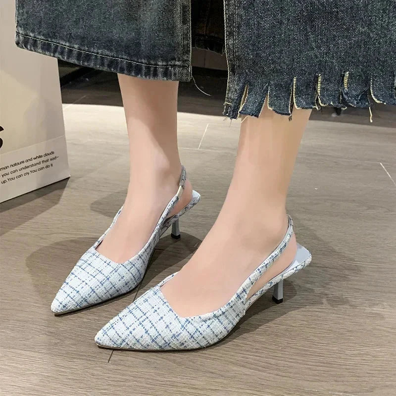 Sea Salt Blue Pointed High Heel Sandals for Women Back Hollow Half Headed Single Shoes Fashion Versatile Casual Shoes Blue Wolf Store