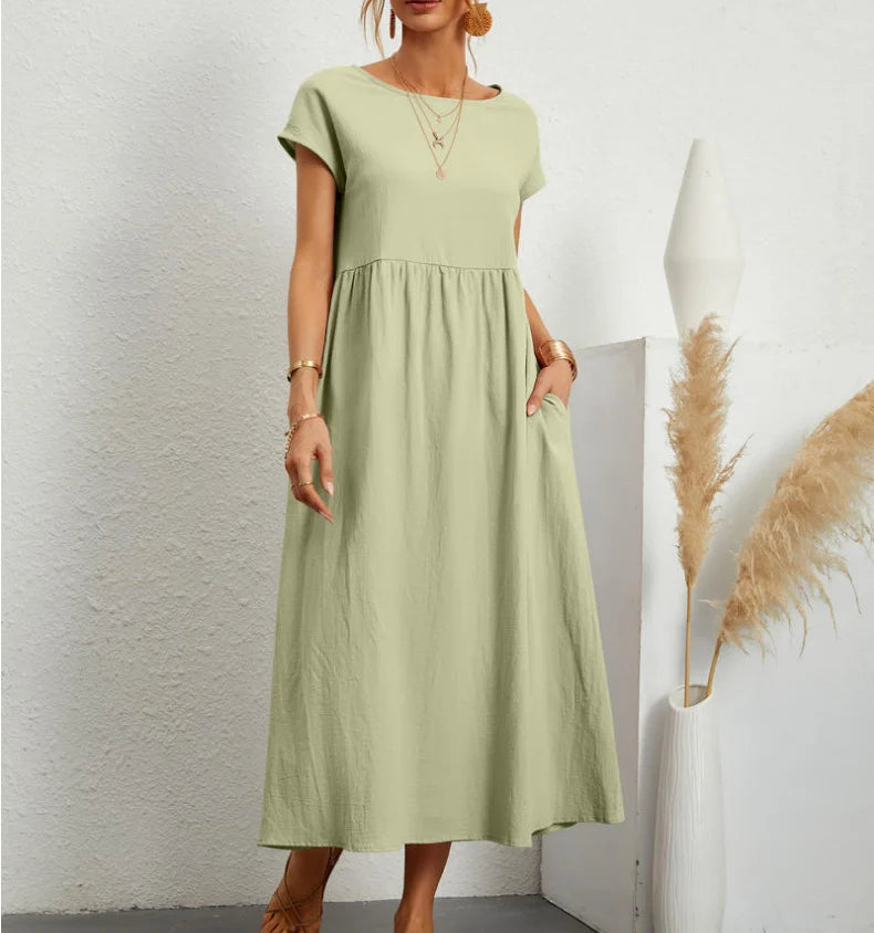 Solid Color Sleeveless Cotton and Linen Loose Pocket Dress