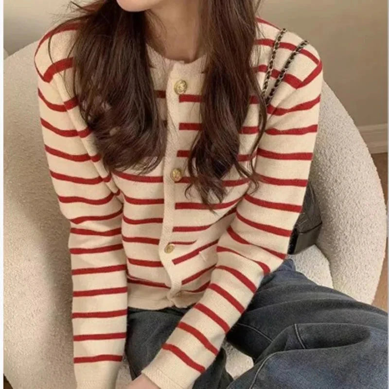 Stripe Knitted Cardigan Women Spring Autumn O-neck Single Breasted Long Sleeve Crop Tops Fashion Casual Chic Female Sweaters Blue Wolf Store