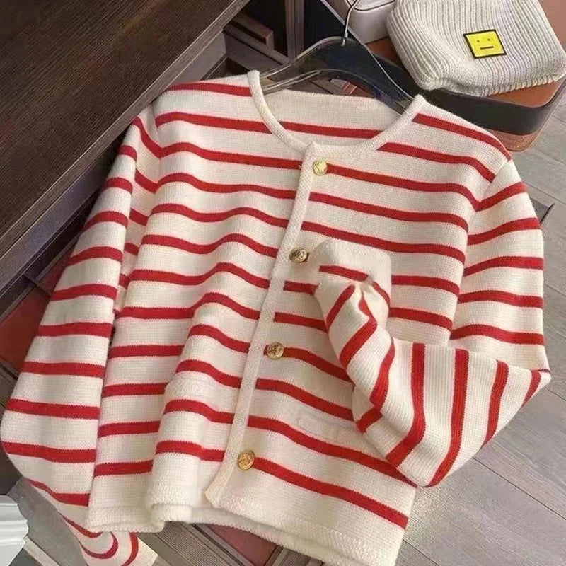 Stripe Knitted Cardigan Women Spring Autumn O-neck Single Breasted Long Sleeve Crop Tops Fashion Casual Chic Female Sweaters Blue Wolf Store Red One Size