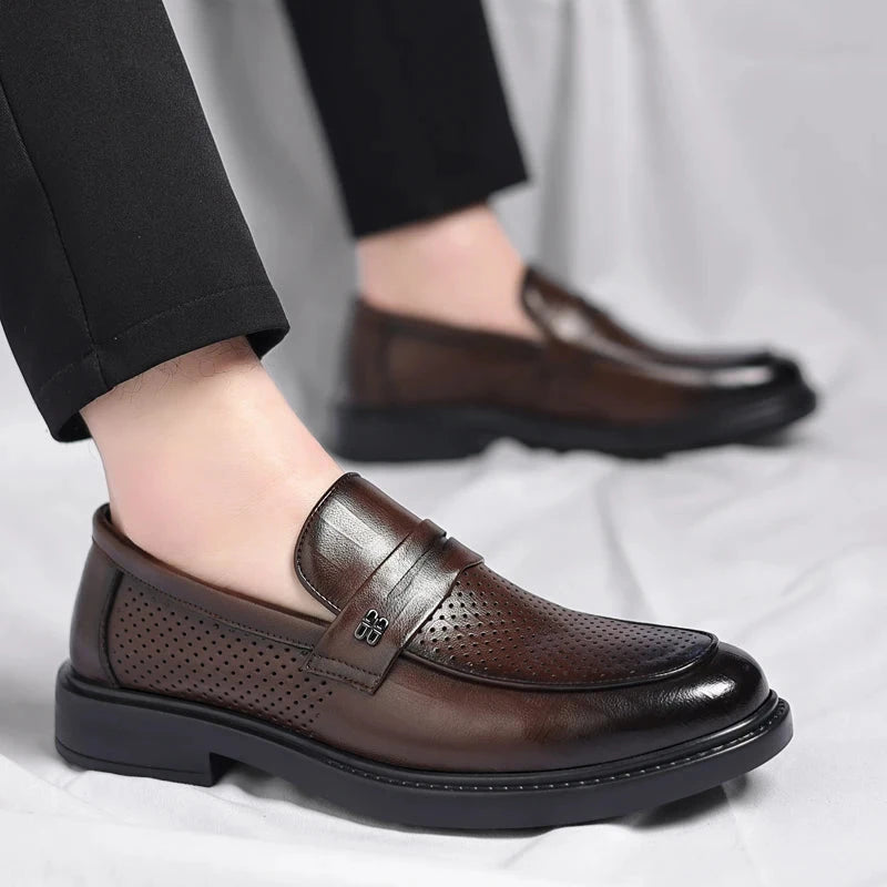 Summer New Perforated Leather Shoes for Adult Men's Business Thick Sole High Quality Casual Shoes Men Classic Brand Loafer Shoes Blue Wolf Store