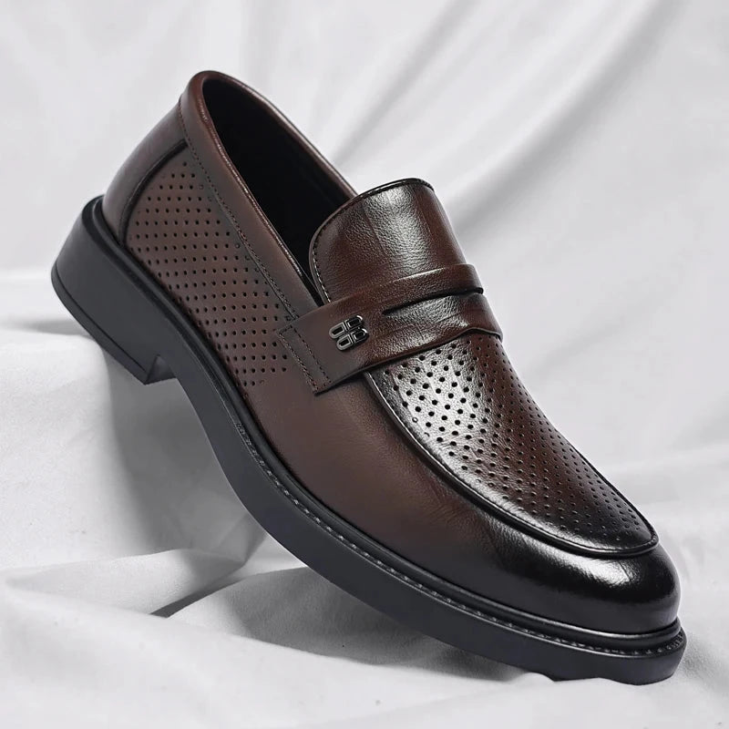 Summer New Perforated Leather Shoes for Adult Men's Business Thick Sole High Quality Casual Shoes Men Classic Brand Loafer Shoes Blue Wolf Store