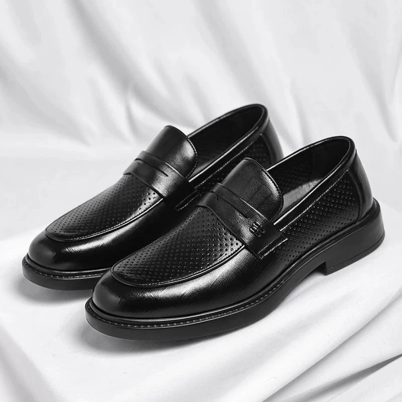 Summer New Perforated Leather Shoes for Adult Men's Business Thick Sole High Quality Casual Shoes Men Classic Brand Loafer Shoes Blue Wolf Store