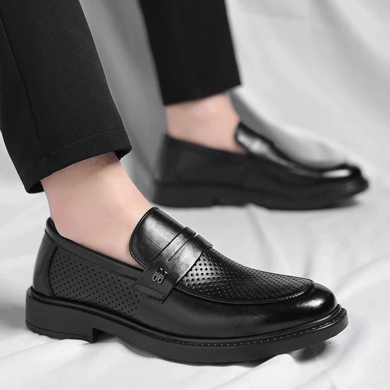 Summer New Perforated Leather Shoes for Adult Men's Business Thick Sole High Quality Casual Shoes Men Classic Brand Loafer Shoes Blue Wolf Store
