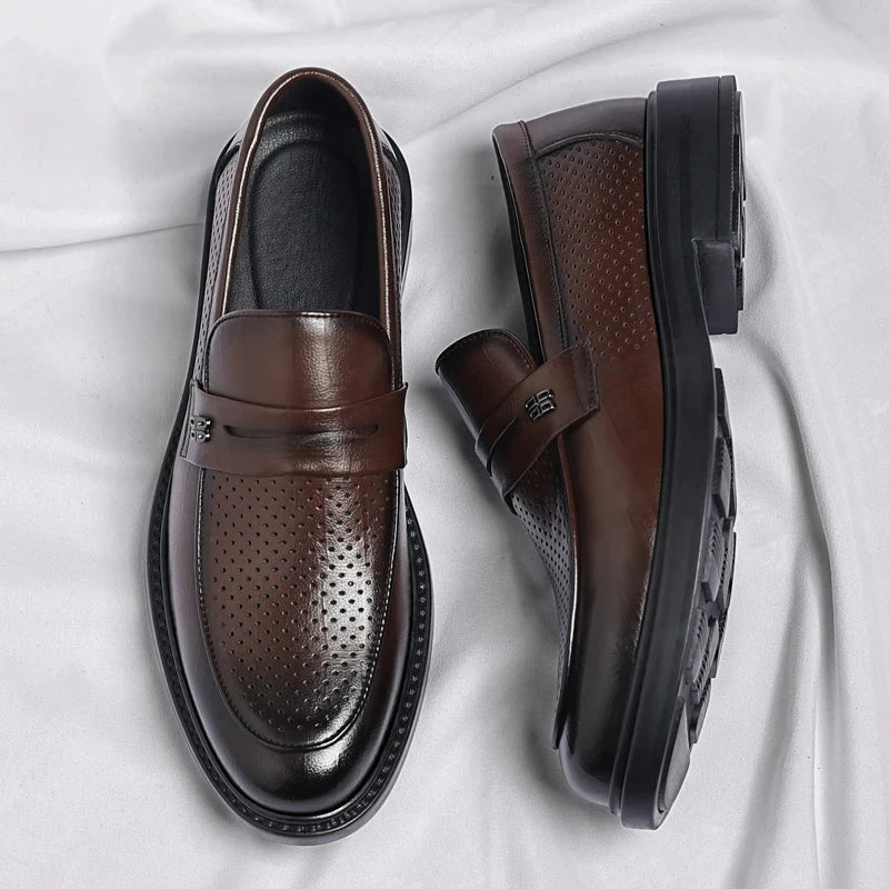 Summer New Perforated Leather Shoes for Adult Men's Business Thick Sole High Quality Casual Shoes Men Classic Brand Loafer Shoes Blue Wolf Store