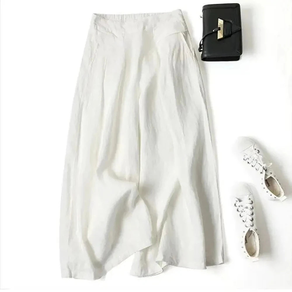 Summer Pants for Women Cotton Linen Large Size Wide Leg Pants Femme Arts Style Elastic Waist Solid Casual Loose Pantalon Blue Wolf Store