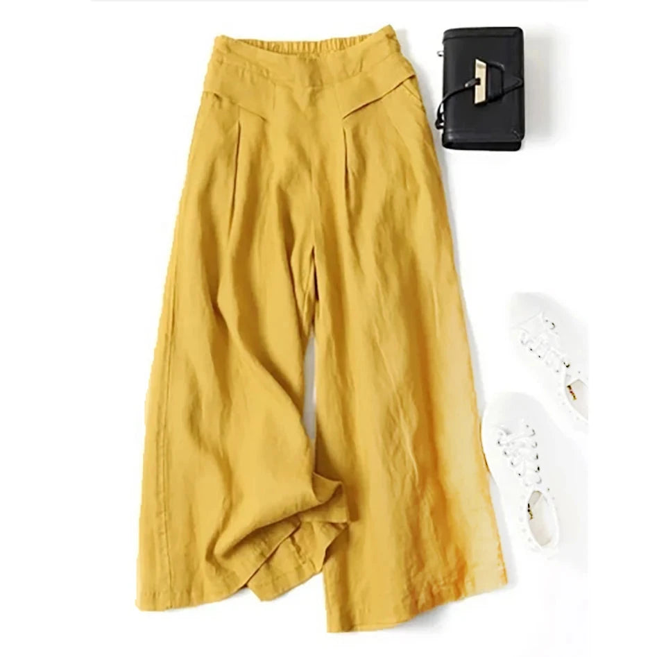 Summer Pants for Women Cotton Linen Large Size Wide Leg Pants Femme Arts Style Elastic Waist Solid Casual Loose Pantalon Blue Wolf Store