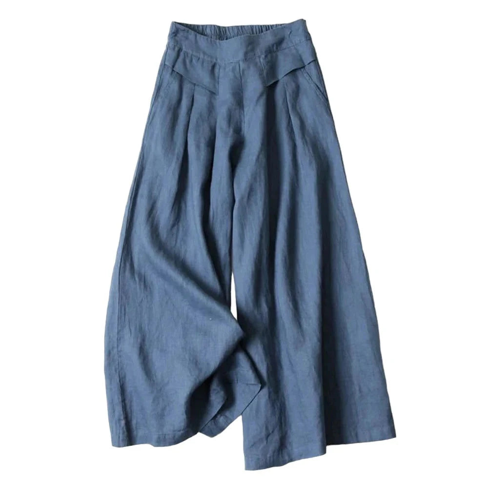 Summer Pants for Women Cotton Linen Large Size Wide Leg Pants Femme Arts Style Elastic Waist Solid Casual Loose Pantalon Blue Wolf Store