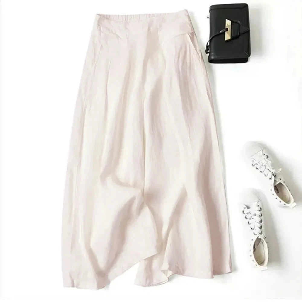 Summer Pants for Women Cotton Linen Large Size Wide Leg Pants Femme Arts Style Elastic Waist Solid Casual Loose Pantalon Blue Wolf Store Beige XXXL
