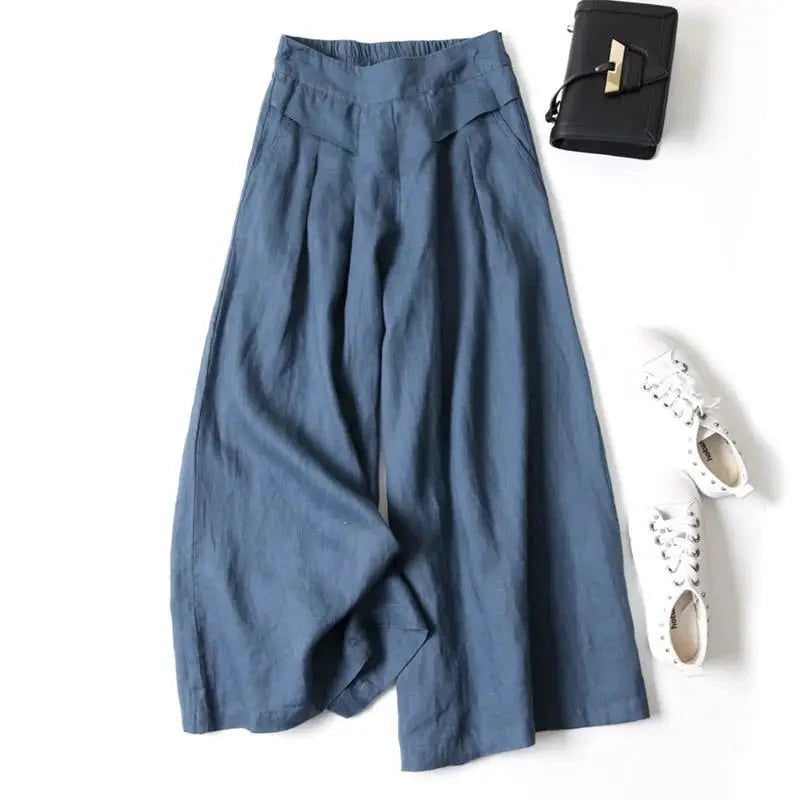 Summer Pants for Women Cotton Linen Large Size Wide Leg Pants Femme Arts Style Elastic Waist Solid Casual Loose Pantalon Blue Wolf Store dark blue S