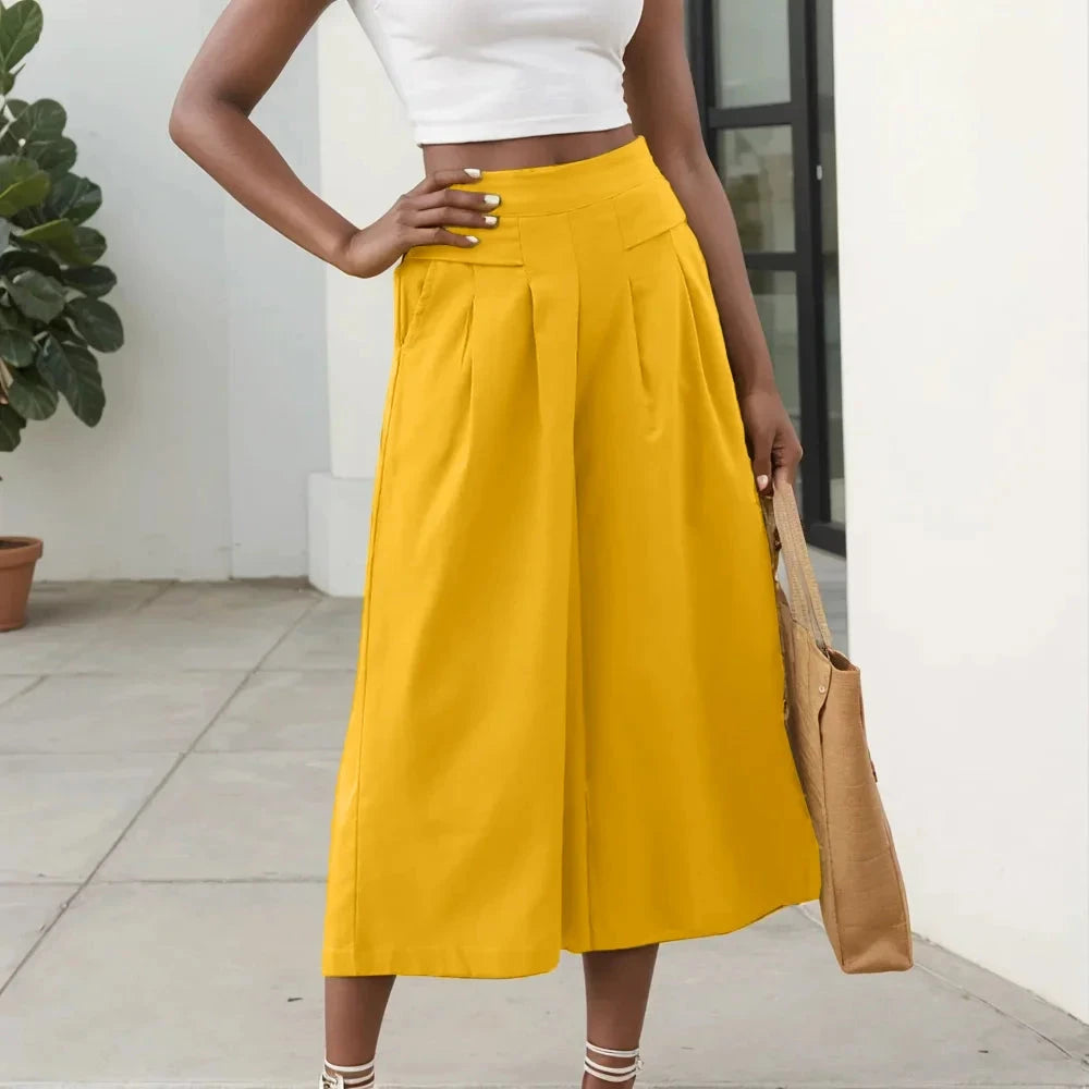 Summer Pants for Women Cotton Linen Large Size Wide Leg Pants Femme Arts Style Elastic Waist Solid Casual Loose Pantalon Blue Wolf Store Gold S