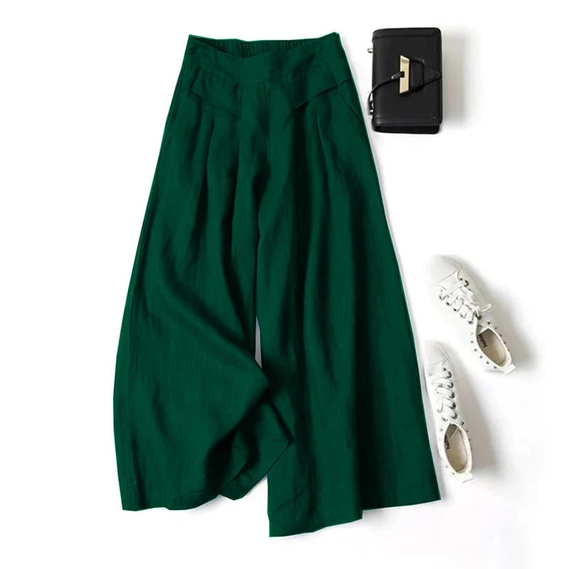 Summer Pants for Women Cotton Linen Large Size Wide Leg Pants Femme Arts Style Elastic Waist Solid Casual Loose Pantalon Blue Wolf Store green L