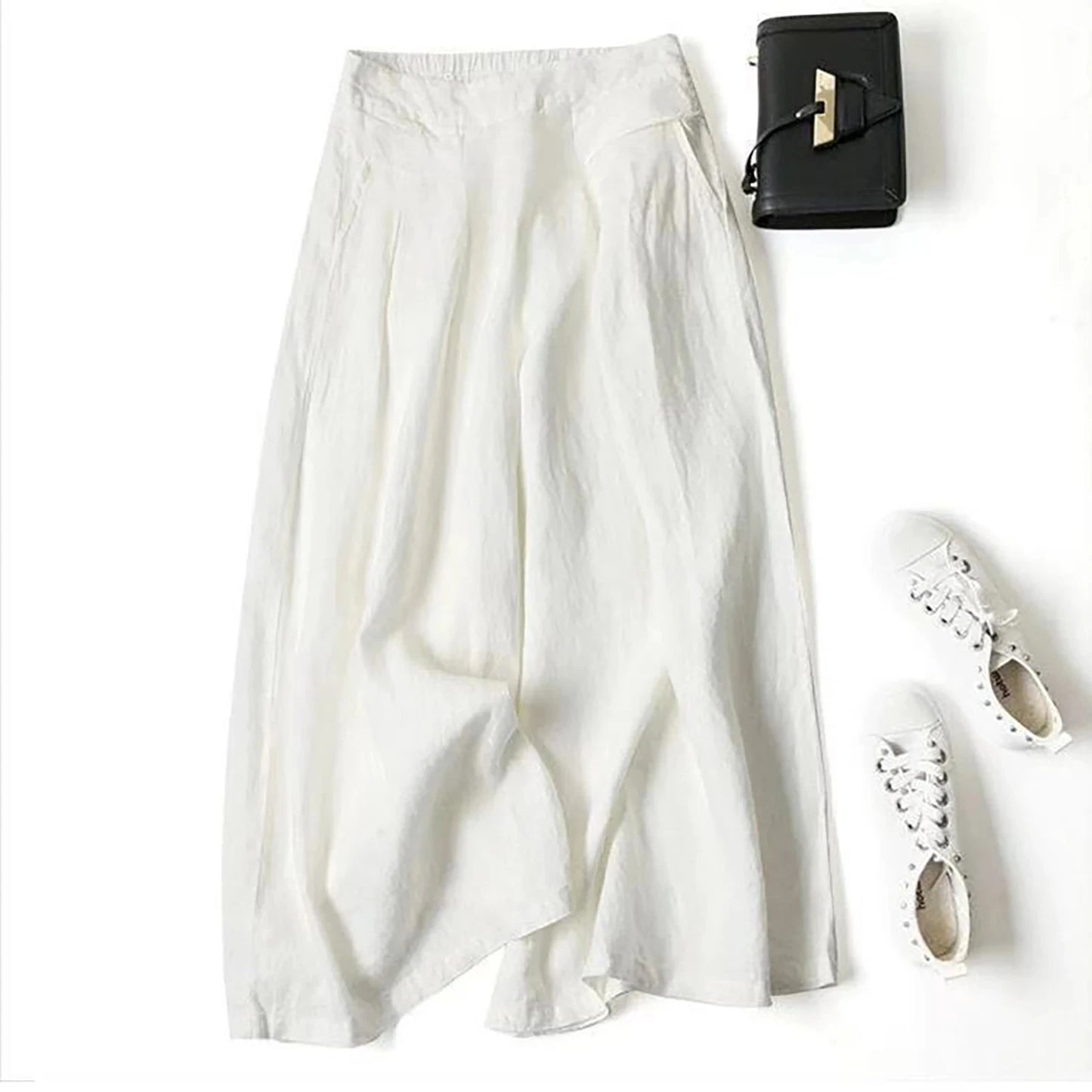 Summer Pants for Women Cotton Linen Large Size Wide Leg Pants Femme Arts Style Elastic Waist Solid Casual Loose Pantalon Blue Wolf Store WHITE S