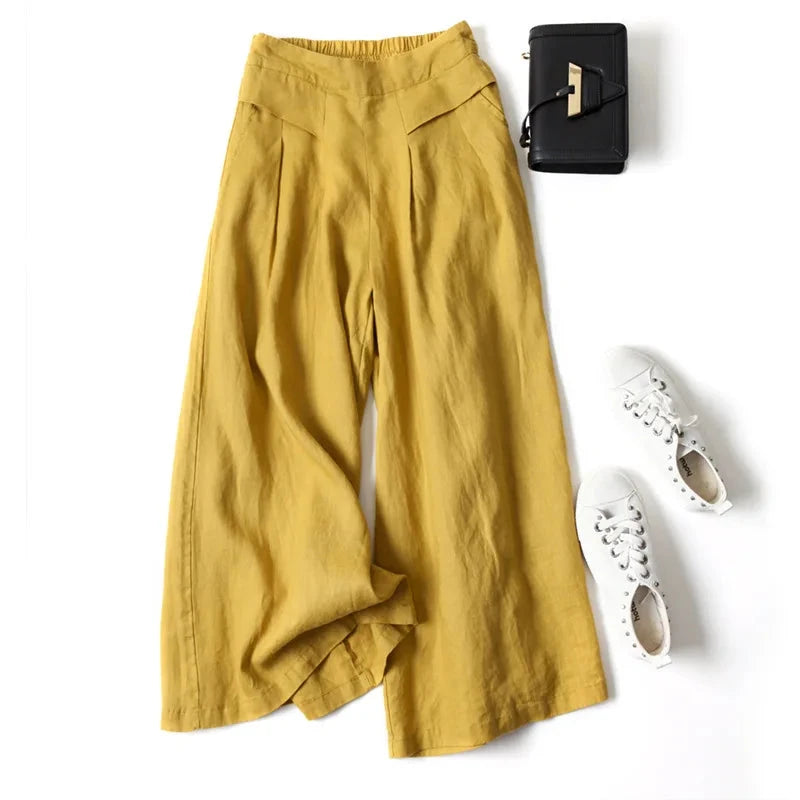 Summer Pants for Women Cotton Linen Large Size Wide Leg Pants Femme Arts Style Elastic Waist Solid Casual Loose Pantalon Blue Wolf Store Yellow L
