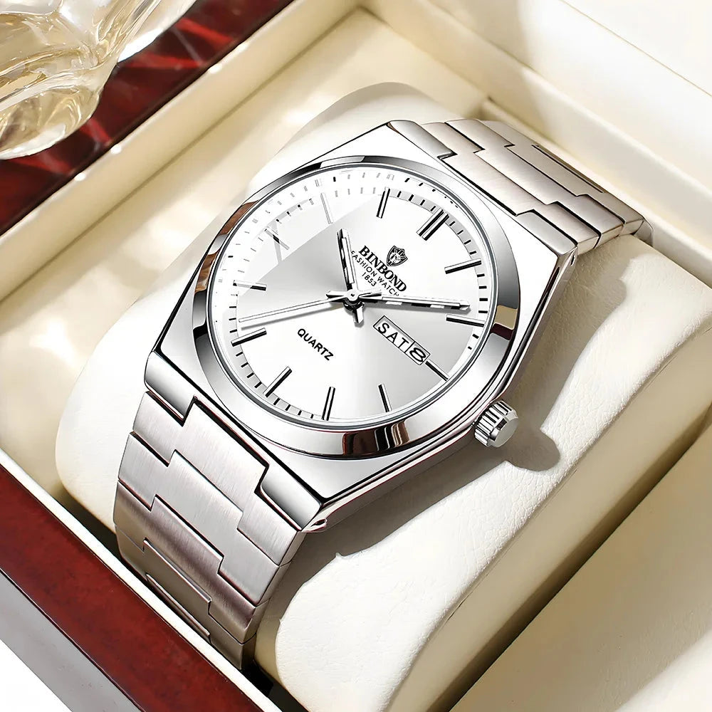 UTHAI Men Watch Light Luxury Brand Stainless Steel Double Calendar Waterproof Male Business Leisure Fashion Quartz Clock Watches Blue Wolf Store White