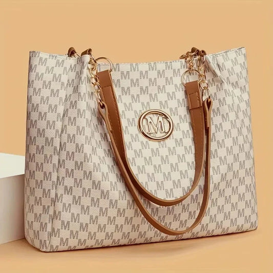 Vintage Geometric Tote Bag Synthetic Leather Letter "M" Design for Women Handbag Shoulder Bag Large Capacity Shopping Travel Bag Blue Wolf Store