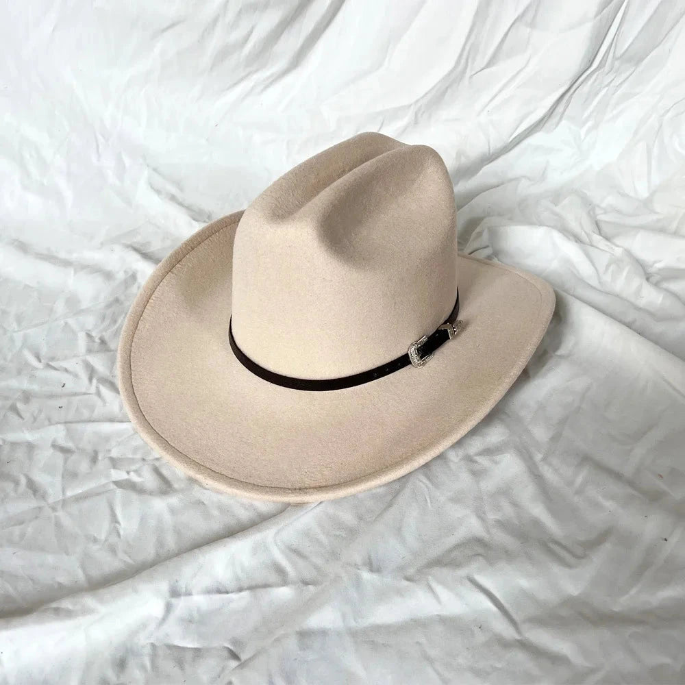 Vintage Western Cowboy Hat For Men's Gentleman Lady Jazz Cowgirl With Leather Wide Brim Cloche Church Sombrero Hombre Caps Blue Wolf Store Beige 57-59CM