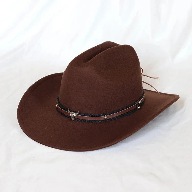 Vintage Western Cowboy Hat For Men's Gentleman Lady Jazz Cowgirl With Leather Wide Brim Cloche Church Sombrero Hombre Caps Blue Wolf Store Brown02 57-59CM