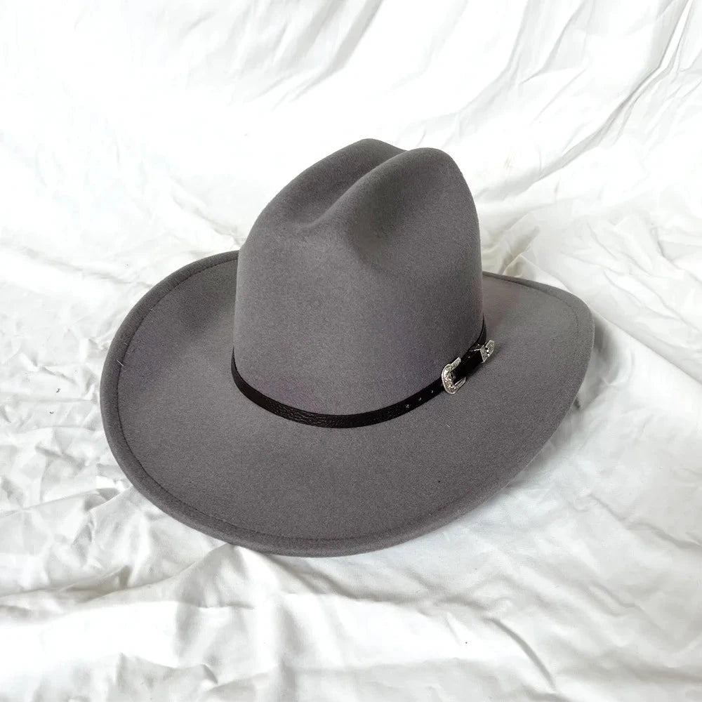 Vintage Western Cowboy Hat For Men's Gentleman Lady Jazz Cowgirl With Leather Wide Brim Cloche Church Sombrero Hombre Caps Blue Wolf Store GRAY 57-59CM