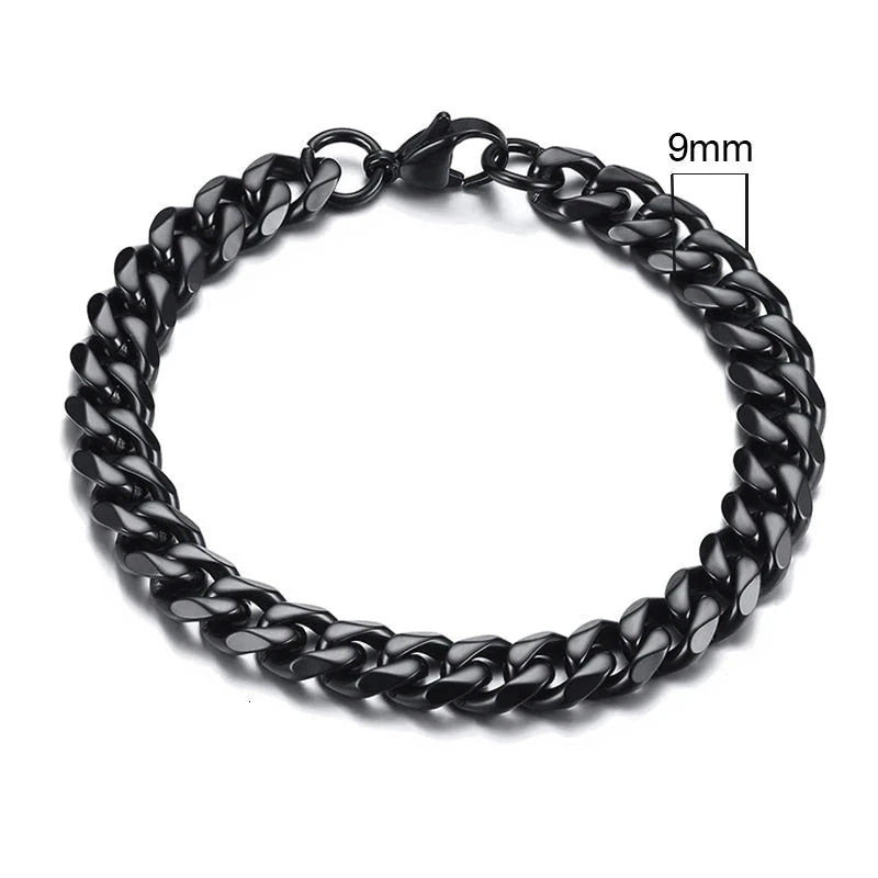 Vnox 3-11mm Chunky Miami Curb Chain Bracelet for Men, Stainless Steel Cuban Link Chain Wristband Classic Punk Heavy Male Jewelry Blue Wolf Store 9mm Black 18cm