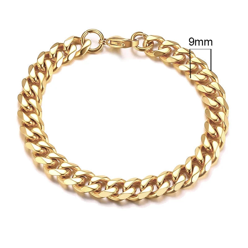 Vnox 3-11mm Chunky Miami Curb Chain Bracelet for Men, Stainless Steel Cuban Link Chain Wristband Classic Punk Heavy Male Jewelry Blue Wolf Store 9mm Gold 18cm