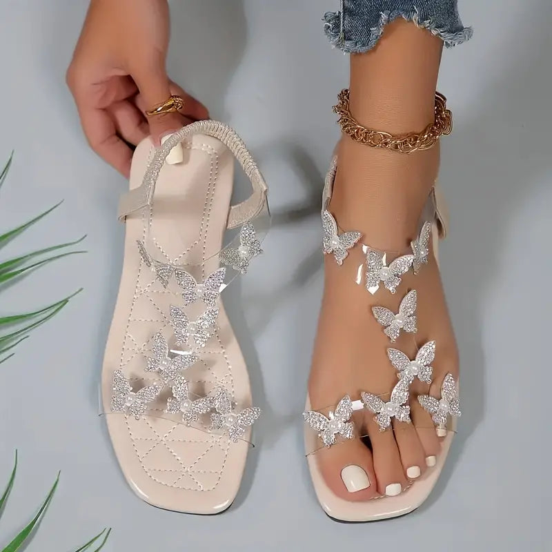 Women's Flat Sandals with Rhinestone Butterfly Women's Flat Sandals with Rhinestone Butterfly Blue Wolf Store