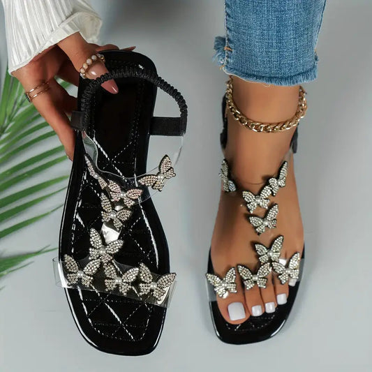 Women's Flat Sandals with Rhinestone Butterfly Women's Flat Sandals with Rhinestone Butterfly Blue Wolf Store Black US 6 / UK/AU 3.5 / EU 36
