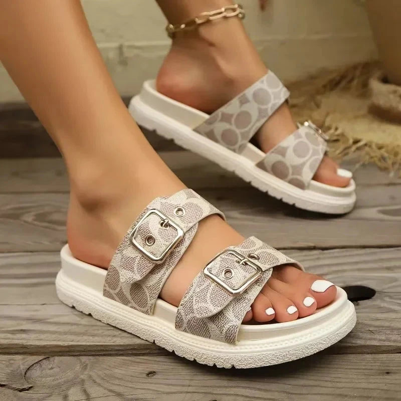 Women's Sandals 2025 Summer Shoes New Couple Flat Slippers Adjustable Buckle Platform Sandals Casual Fashion Slippers Women Blue Wolf Store Beige 41