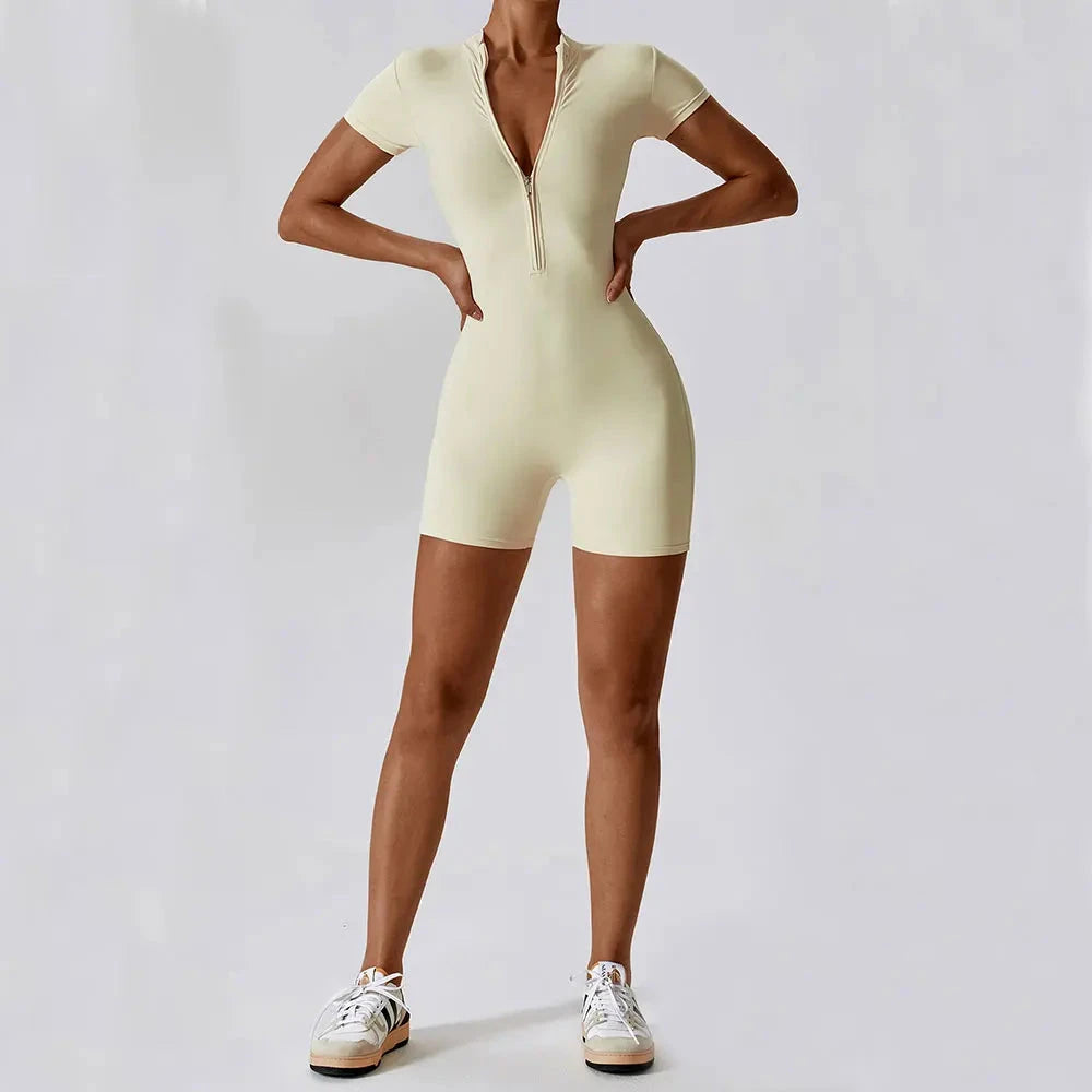 Yoga Jumpsuit Summer Short Sleeve Zipper Sports Wear Gym Fitness Sports Bodysuits Women Dance Running Workout Clothes Yoga Suit Blue Wolf Store