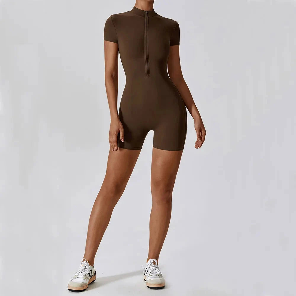 Yoga Jumpsuit Summer Short Sleeve Zipper Sports Wear Gym Fitness Sports Bodysuits Women Dance Running Workout Clothes Yoga Suit Blue Wolf Store