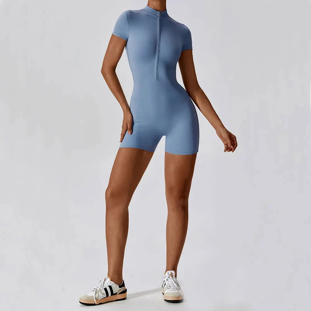 Yoga Jumpsuit Summer Short Sleeve Zipper Sports Wear Gym Fitness Sports Bodysuits Women Dance Running Workout Clothes Yoga Suit Blue Wolf Store
