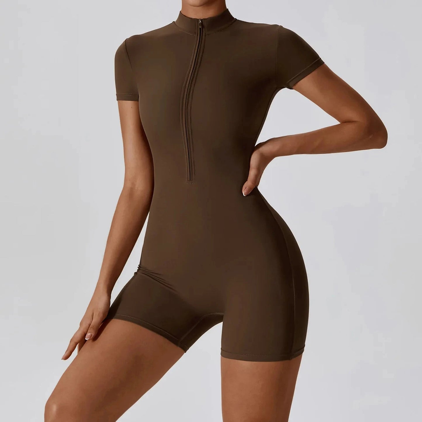 Yoga Jumpsuit Summer Short Sleeve Zipper Sports Wear Gym Fitness Sports Bodysuits Women Dance Running Workout Clothes Yoga Suit Blue Wolf Store Jiaocha coffee M CHINA