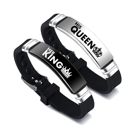 2 Pcs/Set His Queen Her King Couple Bracelet Stainless Steel Adjustable Silicone Strap Bangle Valentine's Day Gift Blue Wolf Store 